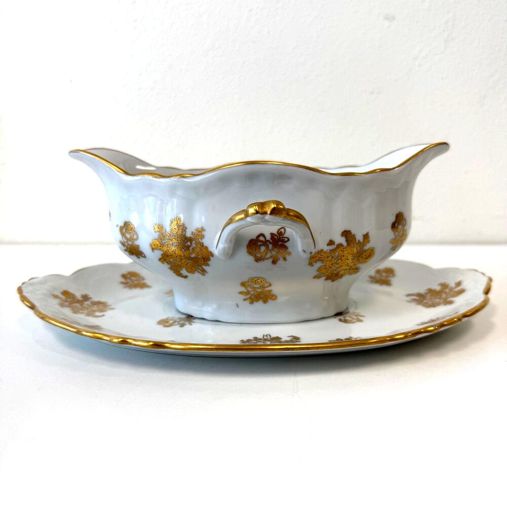Vintage French Porcelain Hand Painted Gravy Sauce Boat Gold Gilt Floral w/Plate